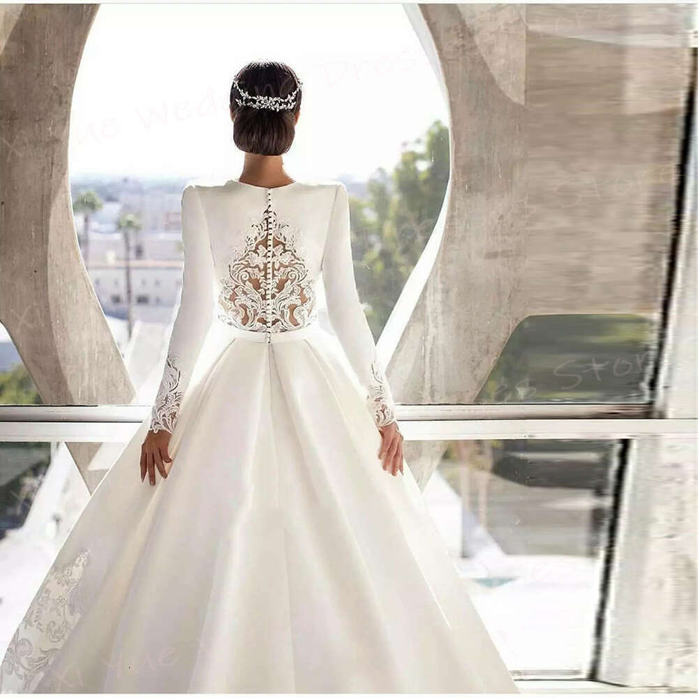 Generous A E Women's Wedding Dresses Lace Appliques Bride Gowns Simple Long Sleeve Sexy V Neck Button Dressed De Noivas