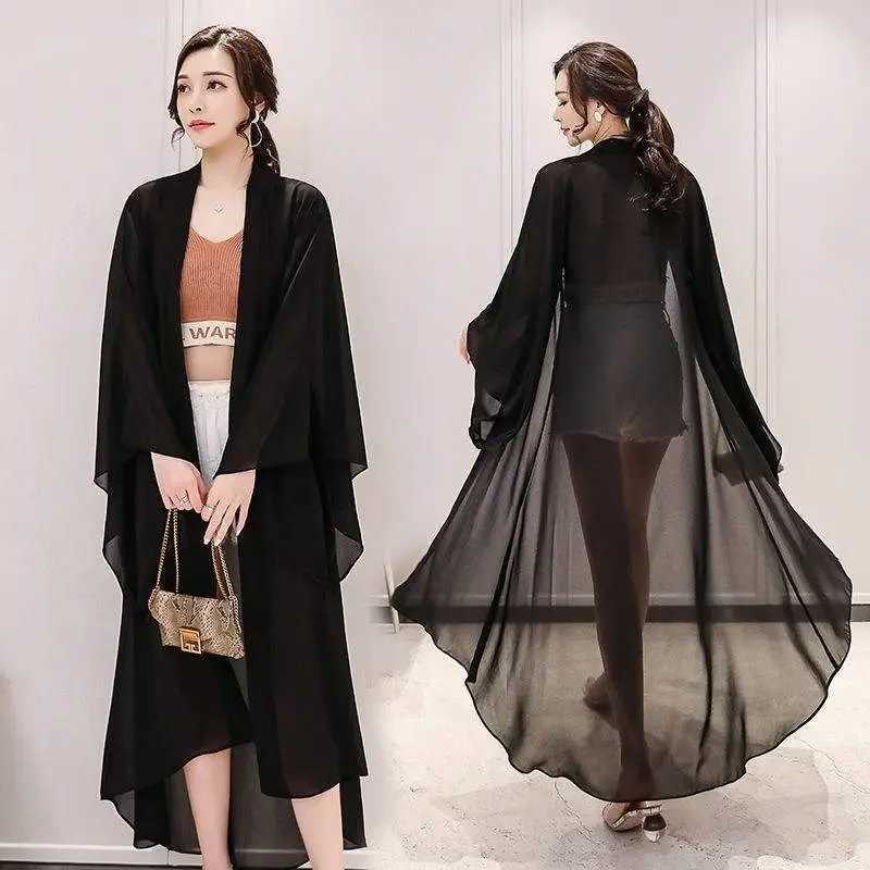 2024 womens summer long sleeved cardigan wool sweater beach long sleeved Korean fashion black chiffon jacket long cardigan coat A219 W240921
