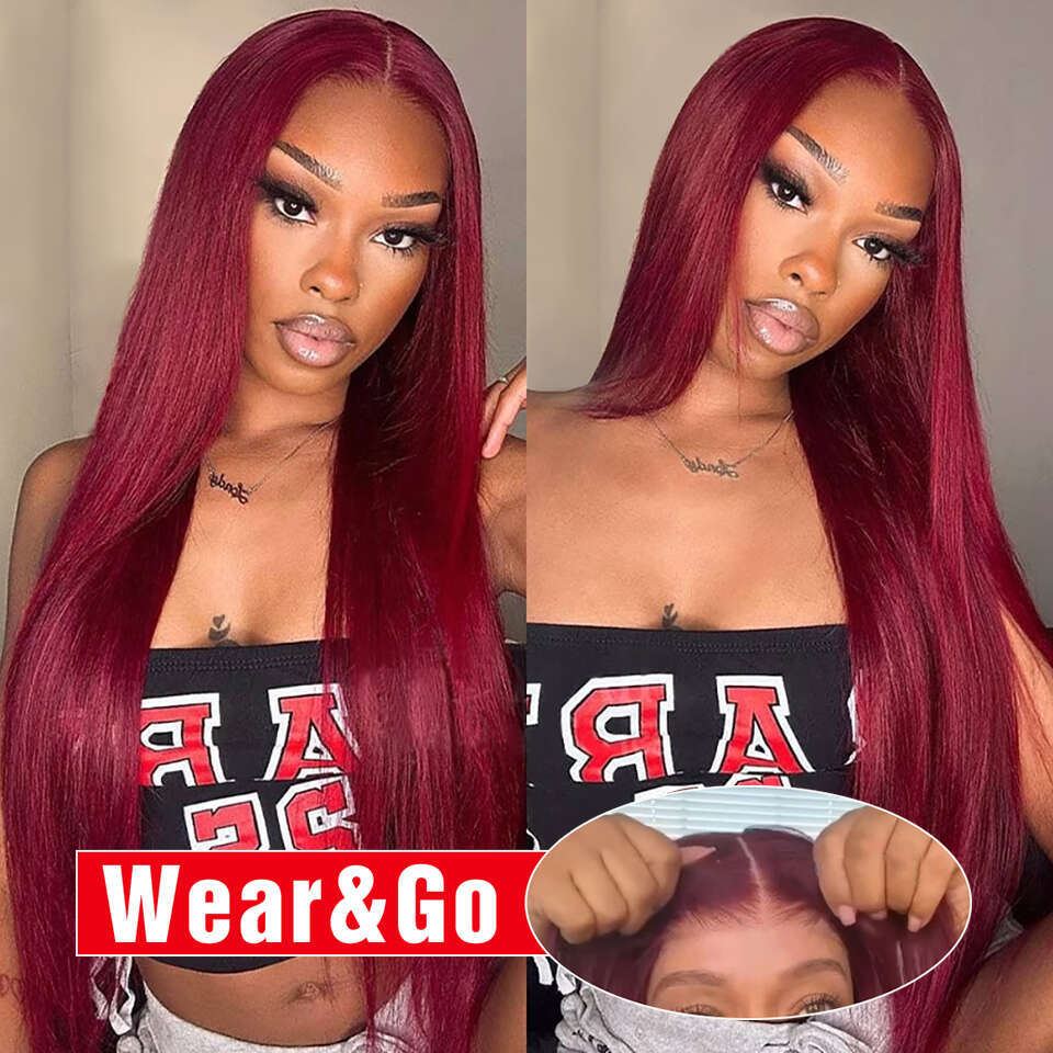 Bury Glueless Wig Ready To Wear And Go Preplucked Straight 99J Red Colored HD Lace Wigs For Women 100% Human Hair