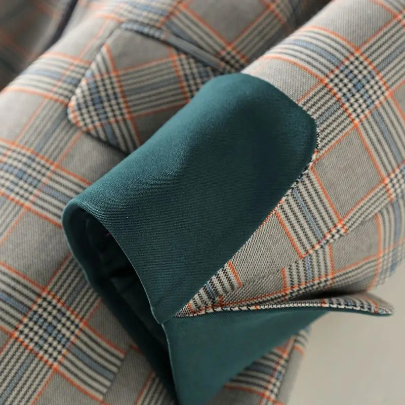 Gray Plaid Vintage Turn-Down Collar Single Button Long Sleeve Women's Jacket Korean Fashion Jackets Short Coat For Women 2024