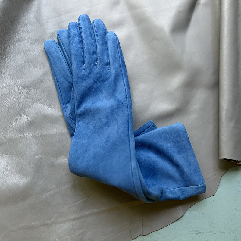 Women's suede leather long gloves Men's sky blue sheepskin elbow gloves Super soft leather, spring and autumn fashion catwalks