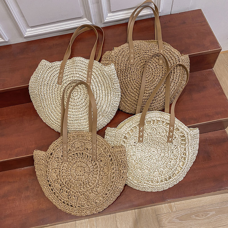 Summer Round Straw Bags for Women Rattan Shoulder Travel Handmade Woven Beach Handbags Female Large Capacity Totes Bag