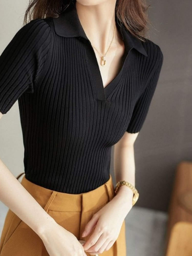 Women's Polo Shirt Slimming T-shirt Plain White Knitted Women's T-shirt Fashion Trend 2024 High Quality Fashion Beautiful Youth Free Shippin