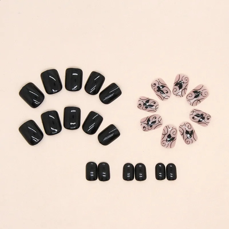 24pcsset Short Square Europe and America Fake Nails Black Vine Butterfly Fake Nails Artificial Acrylic Press On Nail Art tips 240914