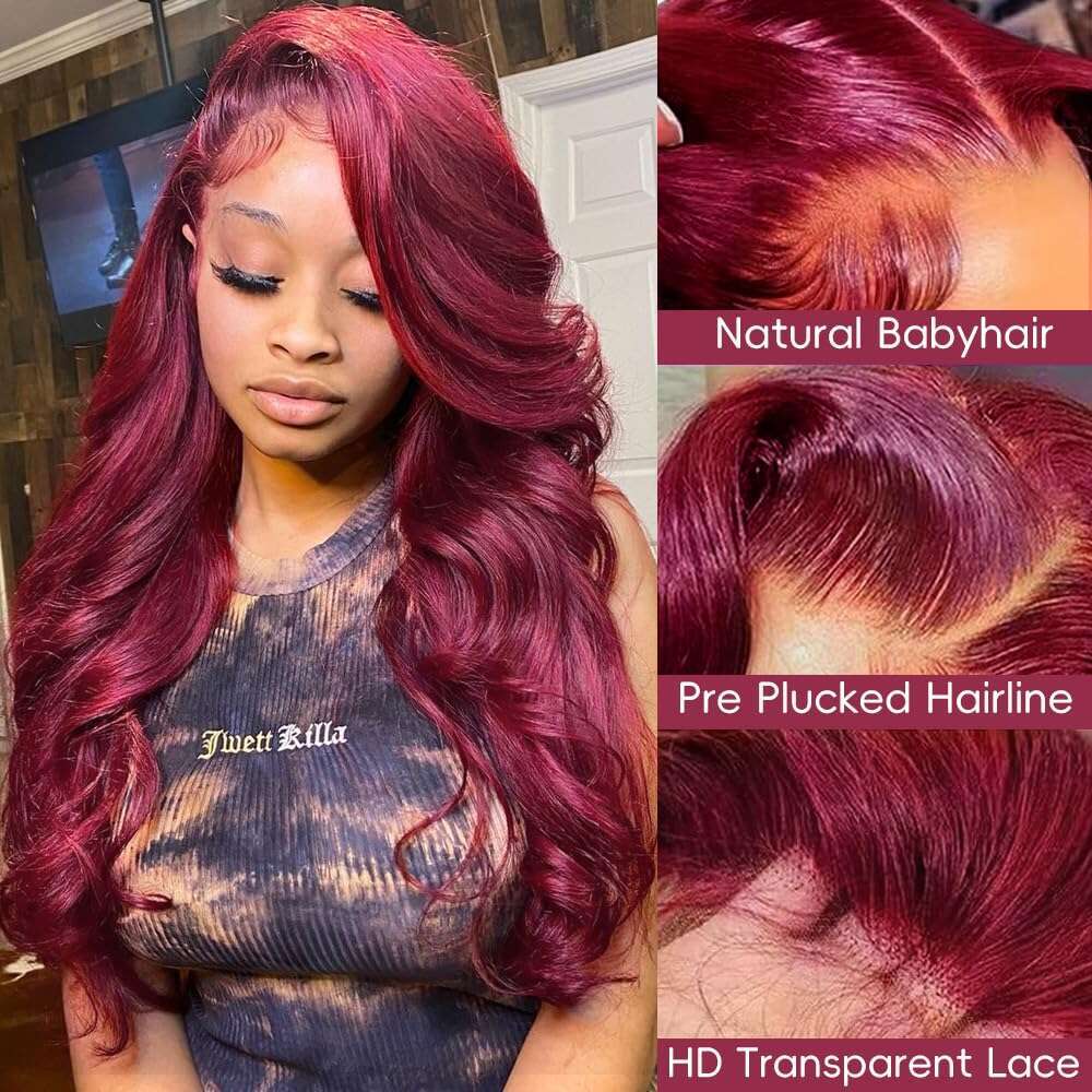 Body Wave Bury 13x6 Hd Lace Frontal 100% Human Hair Wig For Women 30 34inch 99j Red Colored Cheap Wigs On Sale 250 Density