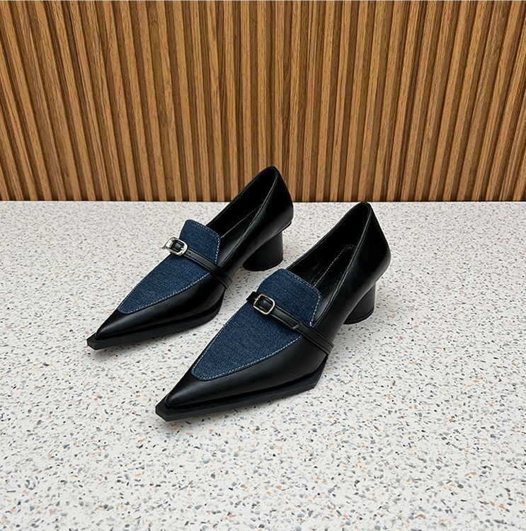 2025 S Fashion Designer Women Leather Shoes Pointed Toe High Clunky Heel Color Blocking Versatile Triple White Blue Free Shipping