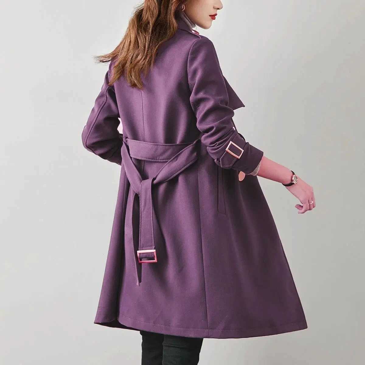 Elegant Womens Trench Coat New Solid Color Double Breasted Mid Length Ladies Office Windbreakers Womens Basic Coat OuterwearX240921