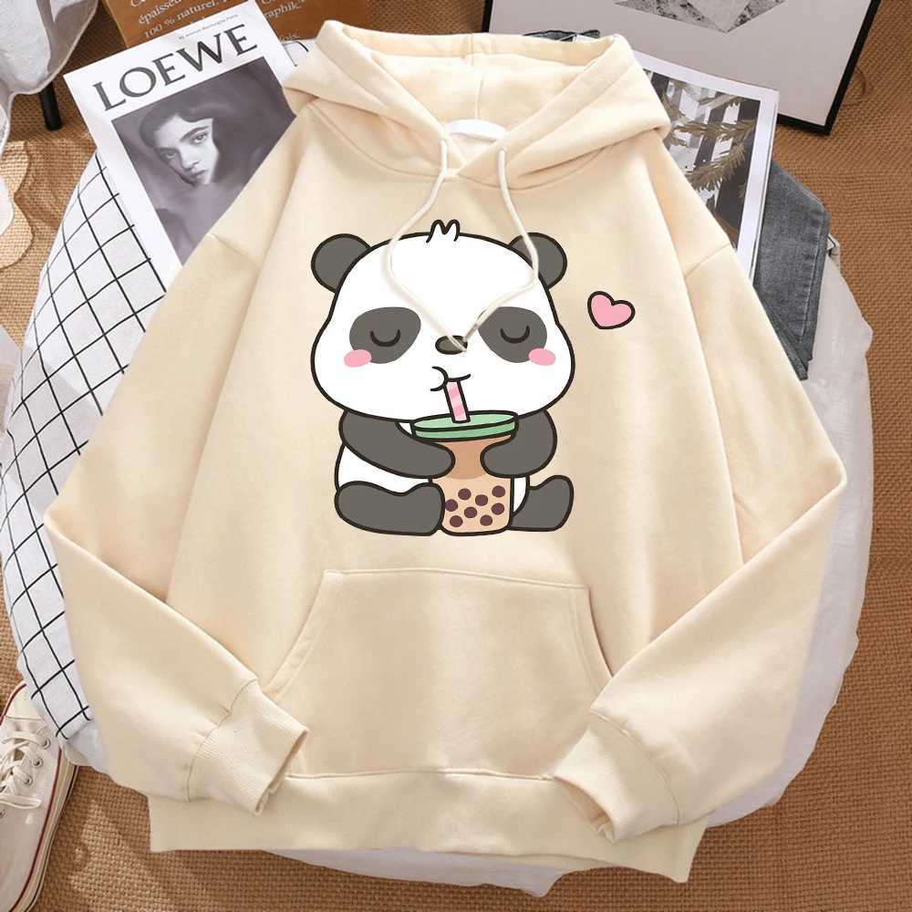 Pandas Love Drinking Pearl Milk Tea Printed Hoodie Mens Harajuku Warm Hoodie Fashion Casual Sweatshirt Autumn Large Size Sweatshirt W240921
