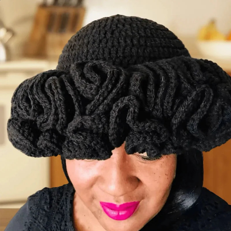 Colorful Crochet Ruffle Bucket Hat Warm Stretch Knit Hat Year Celebration Womens Fashionable Handmade Beanie Hat 240921