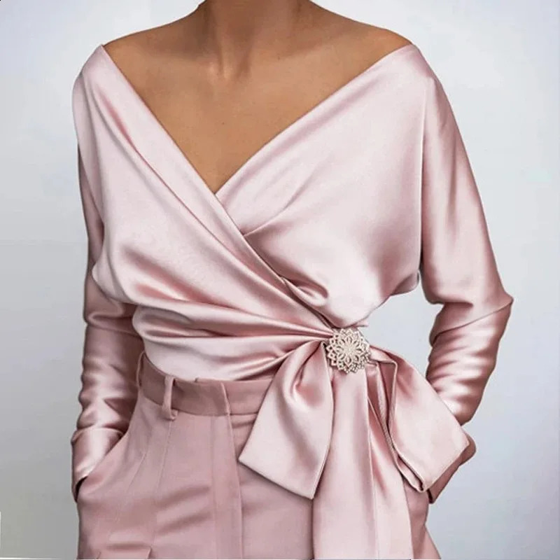 V Neck Sexy Women Satin Blouse 2024 Bow Tie Chiffon Silk Shirt Long Sleeve Women Tops Lace-up Lady Blouses Elegant Blusas 19178 240921