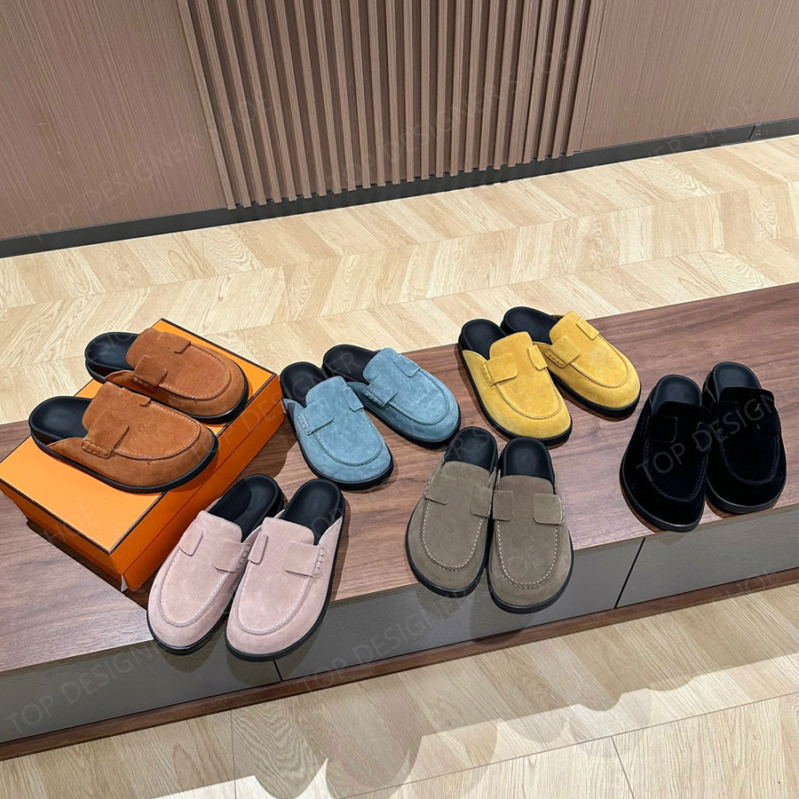 Designer Slides for womens Slippers Sandals Clog Suede Leather Blue yellow Pink Scuffs Outdoor Platform Slippers slip on holiday Flat shoes Mocca