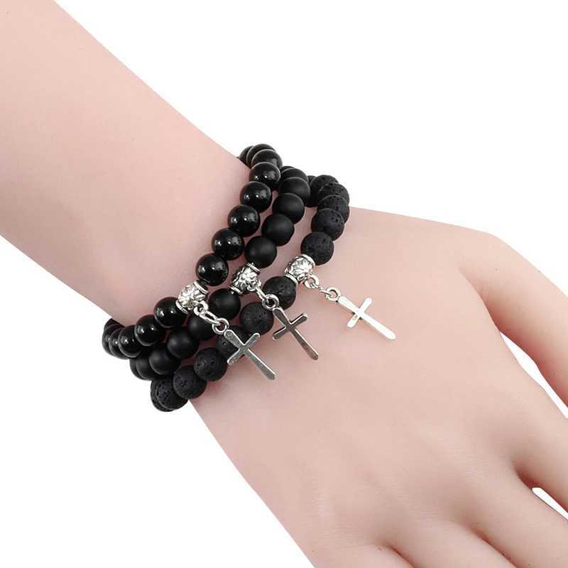 8mm Natural Lava Stone Bead Chain Alloy Cross Pendant Prayer Jesus Bracelet Bangles For Men Women Jewelry Gift Handmade PulseiraX240921