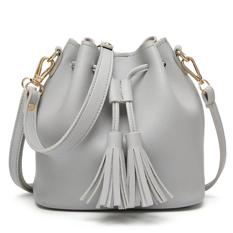 New Women Bucket Bag Women PU Leather Shoulder Bags Ladies Crossbody Messenger Bags Tassel Drawstring Ladies Handbag Brown Bag