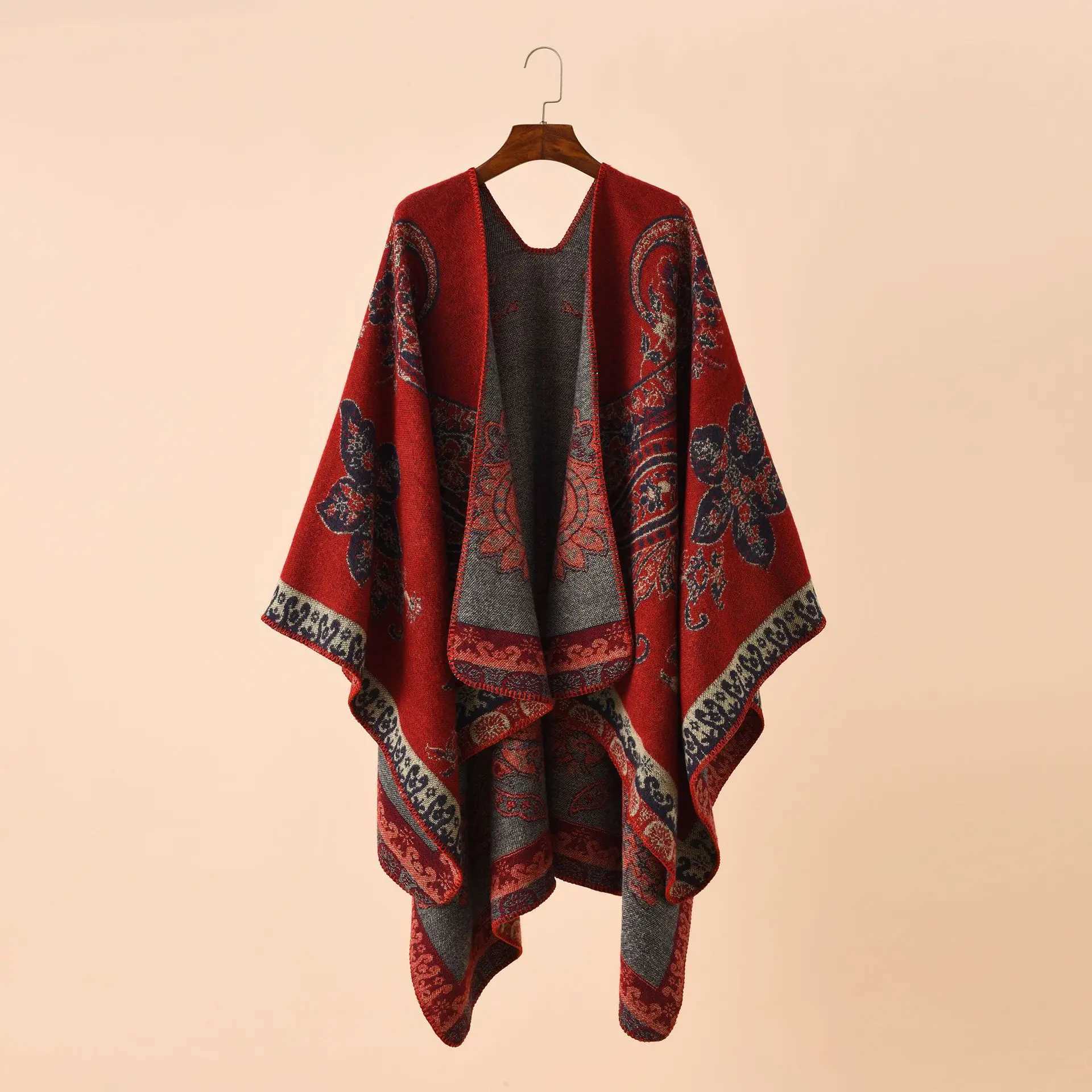 2022 Autumn and Winter New Street Geometric Grid Pattern Imitation Cashmere Warm Shawl Womens Raincoat Shawl Red W240921