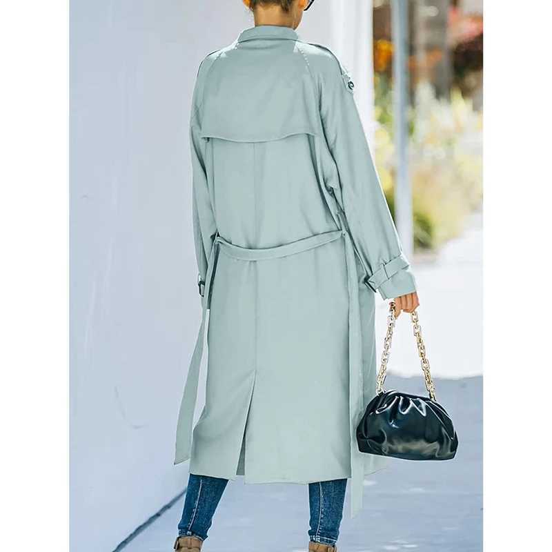 Women s Classic Long Trench Coat Double-Breasted Lapel Long Sleeve Windproof Overcoat with BeltX240921