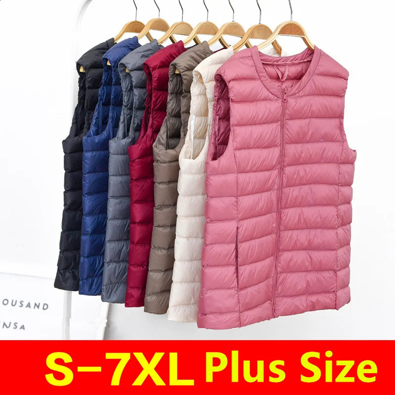 Womens autumn and winter ultra-thin packaging sleeveless jacket with size 5XL 6XL womens O-neck casual down vest jacket 240913