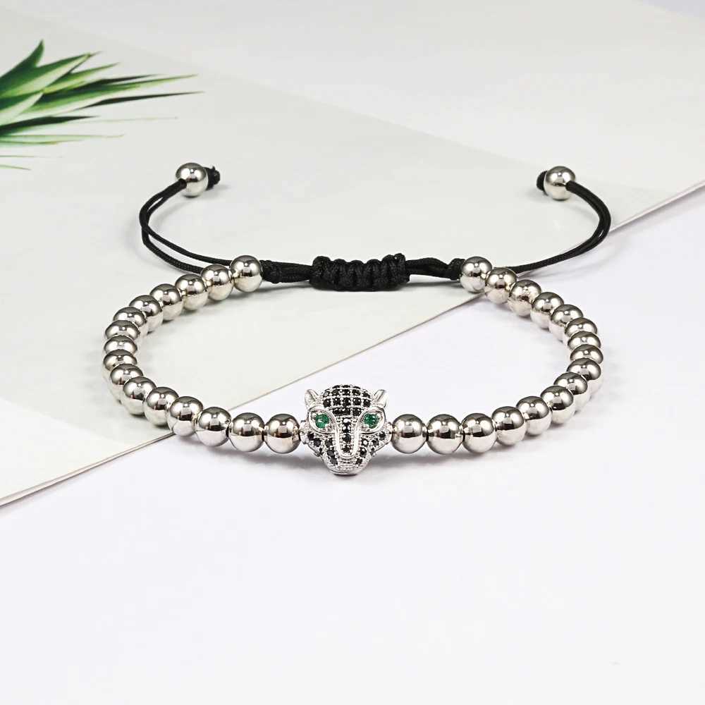 Men Bracelet Gold Color Leopard Head 5MM Pave Beads Braided Bracelets Bangles Handmade Armband Luxury Royal Women Jewelry GiftX240921