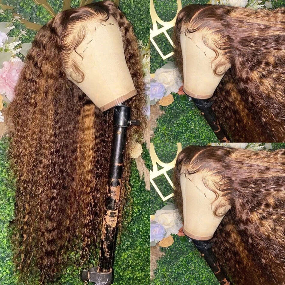 13x4 Highlight Brown Front Honey Blonde Colored Kinky Curly Human Hair Wigs Deep Wave Lace Frontal Wig