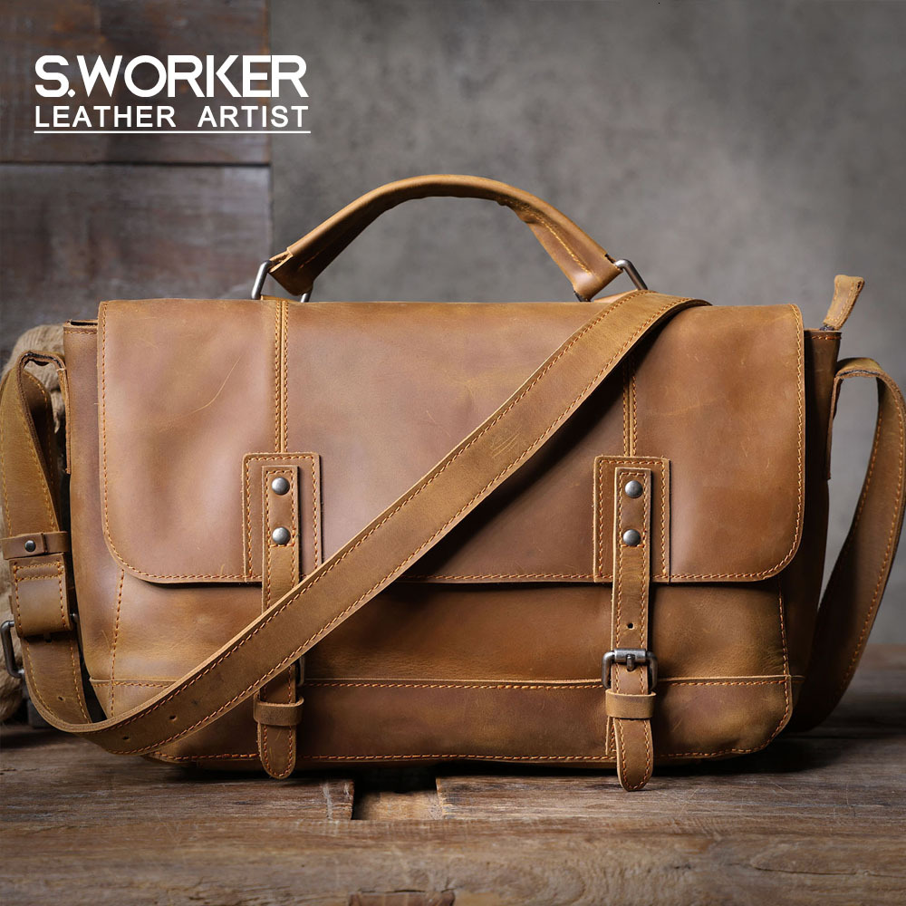 Vintage Genuine 13" Messenger Men's Crossbody Bags Crazy Horse Leather Shoulder Bag Women's Cowhide Retro Casual Pre