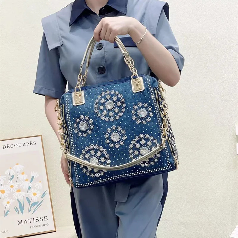 Denim jeans casual womens handbag ner woven shoulder bag rhinestone decoration messenger 240919