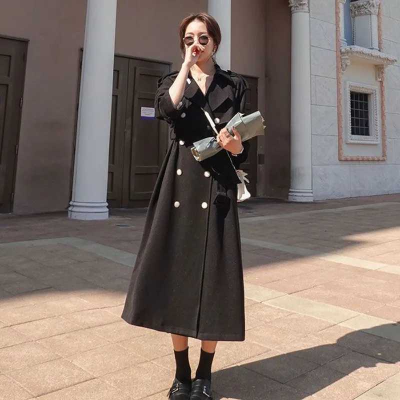 Autumn New Women Mid-Length Trench Coat With Belt Lapel Double-breasted Wine Red Black Elegant Female Windbreaker Windproof CoatX240921
