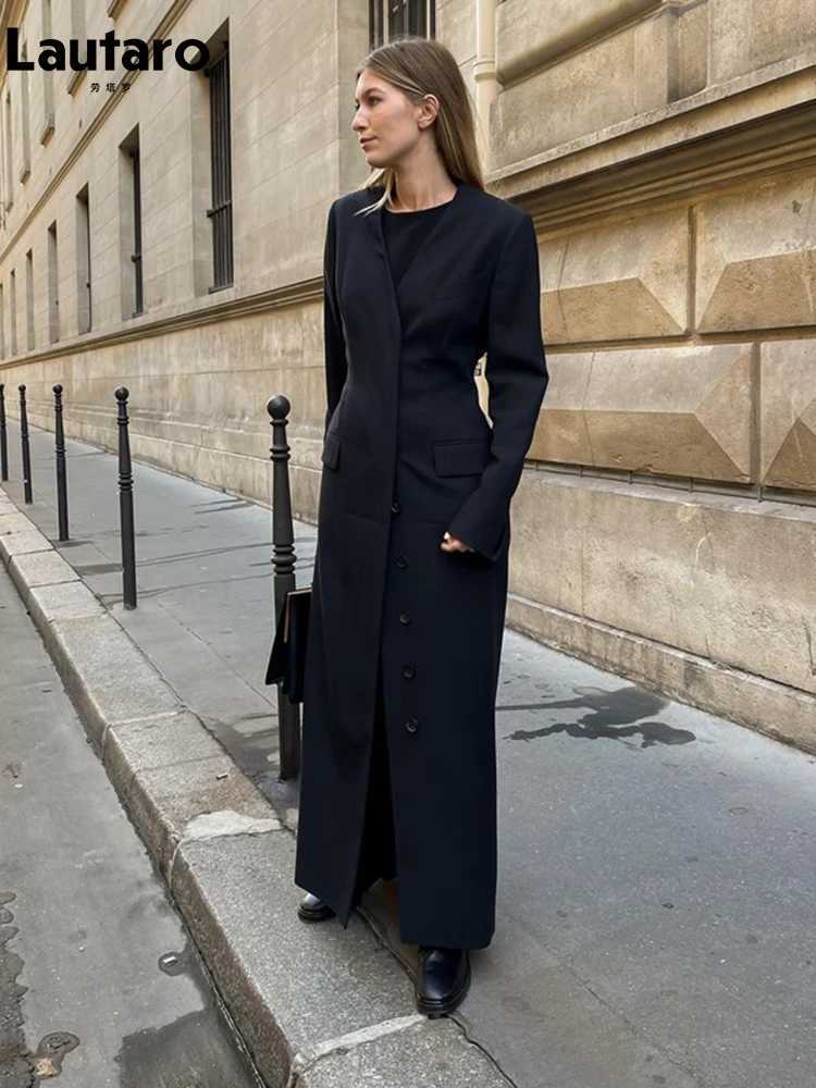 plusizeshe Spring Autumn Extra Long Black Fitted Trench Coat for Women Single Breasted Elegant Chic Luxury Maxi Overcoat 2024X240921