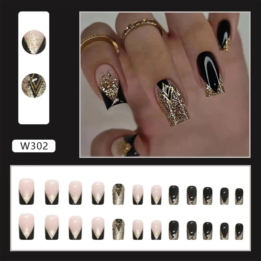 24Pcs Short Square False Nails With Jelly Adhesive Glitter Gradient Detachable Fake Fingernails Full Cover Press On Nails 240914