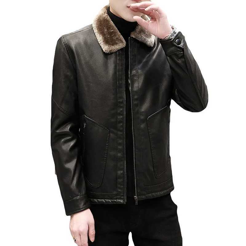 Mens thick wool Pu leather jacket mens casual fashion ultra-thin windproof jacket mens artificial fur plush coat winter velvet warm W240918
