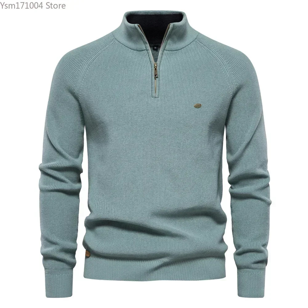 New Men's Half High Neck Zipper Solid Elastic Slim Fit Long Sleeve Casual Business Men Knitted Pullover Sweater