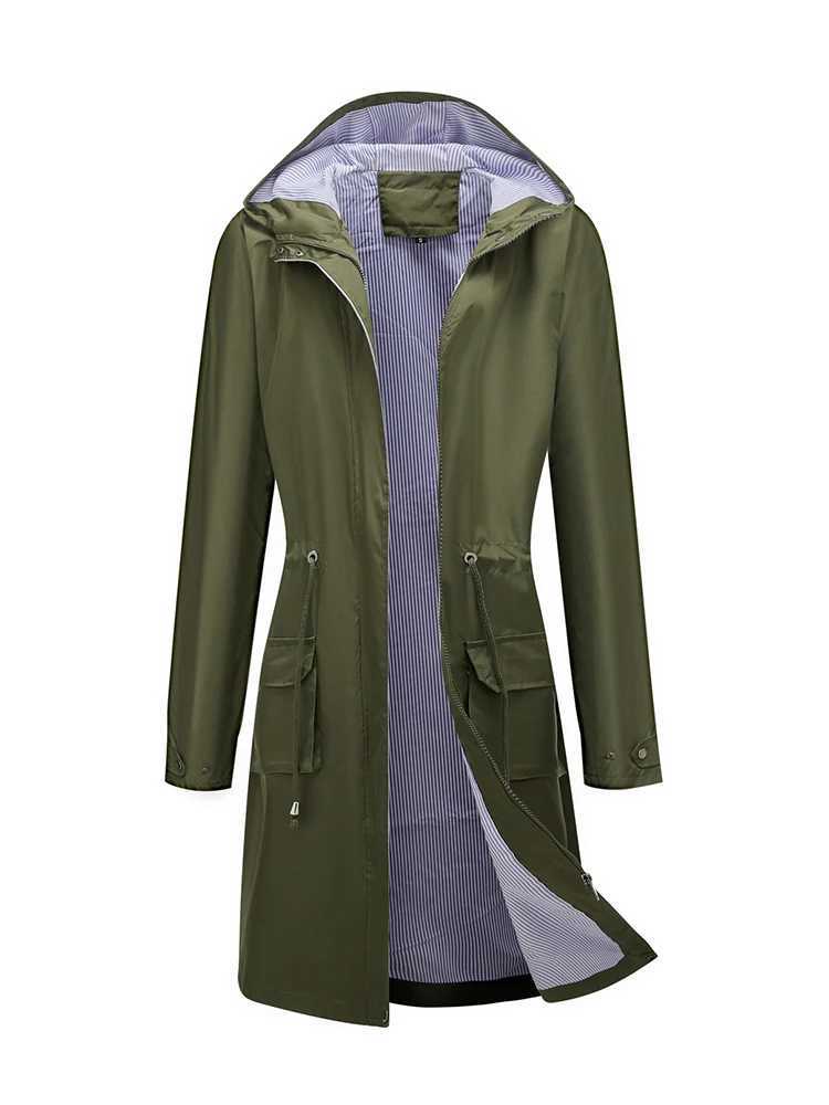 Waterproof Jacket Women Hooded Trench Fashion Outdoor Windbreaker Coat Loose Striped Lining Drawstring Long Blazer Autumn WinterX240921