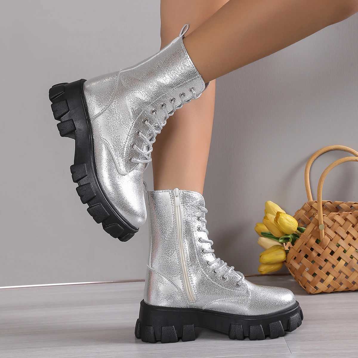 Winter Silver Crystal Thick Sole Ankle Boots Womens Thick Sole Motorcycle Boots Womens Luxury Rhinestone Punk Shoes Size 35-43 Z250303