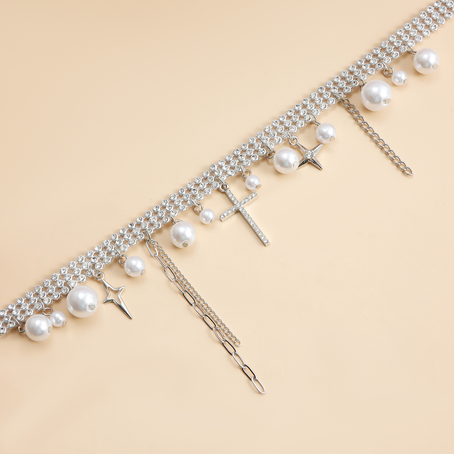 Stainless Steel Crystal Pearls Choker Sweet Cool Fringe Cross Collar Necklace For Women Silver Plated Y2K Accessories Luxury Tassel Jewelry Party Wedd