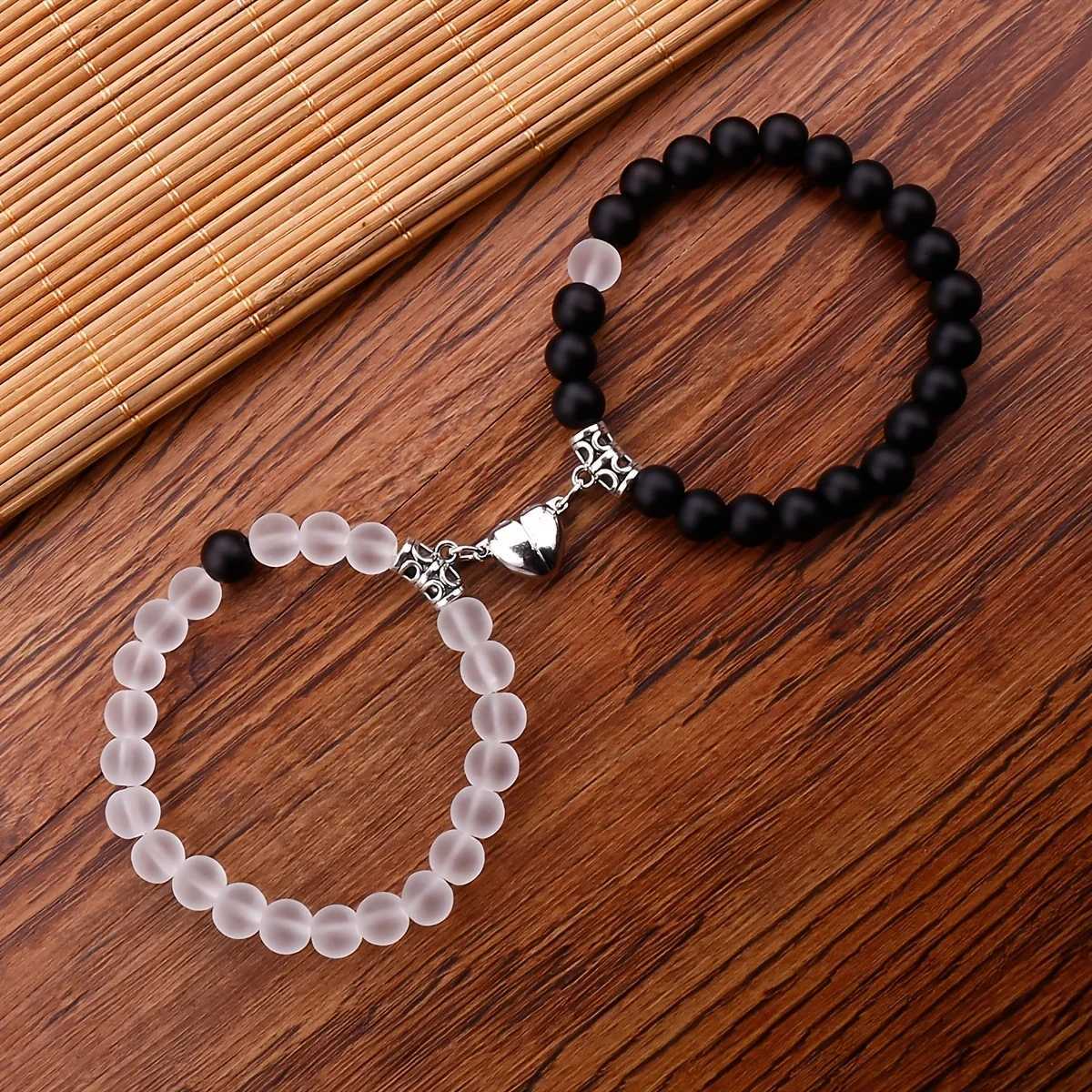 Love Heart Magnetic Beaded Bracelet Set 2 Pcs Stretchable Hand Jewelry For Best Friend/ CouplesX240921