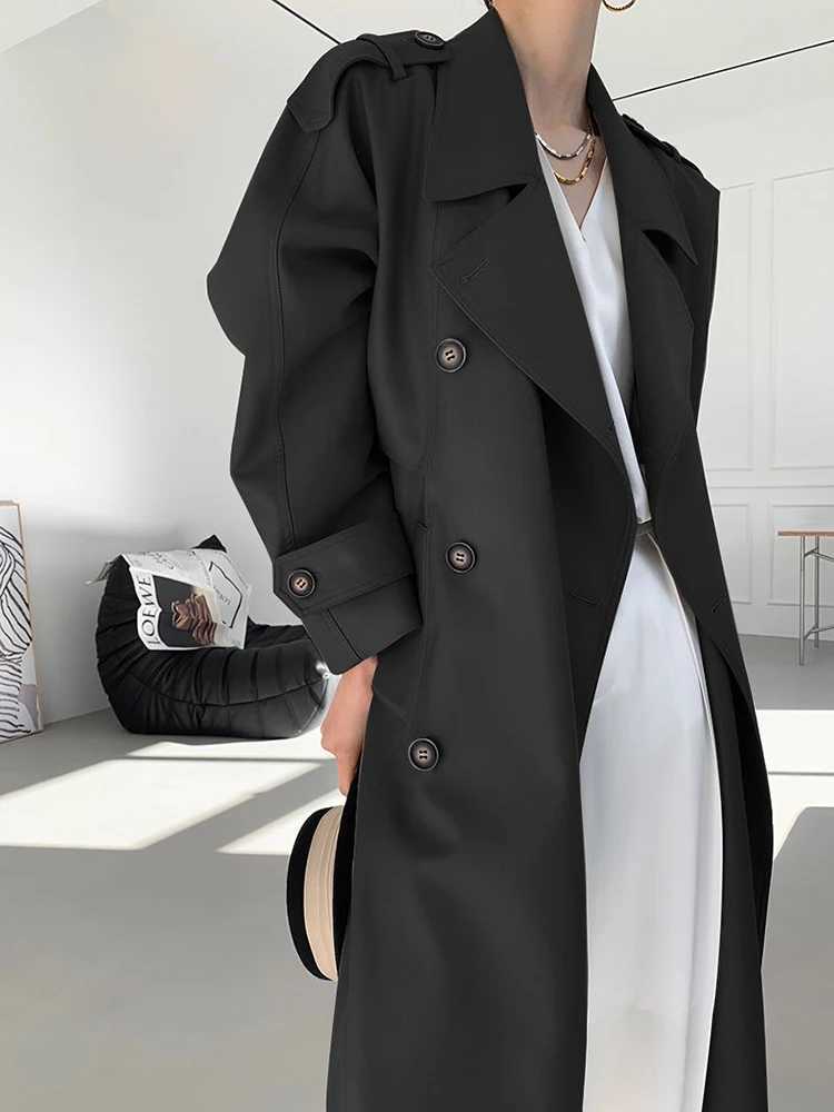Fashion Autumn New Office Lady Womens Trench Lapel Double Breasted Loose Outwear Long Windbreaker Long Sleeve Women CoatX240921