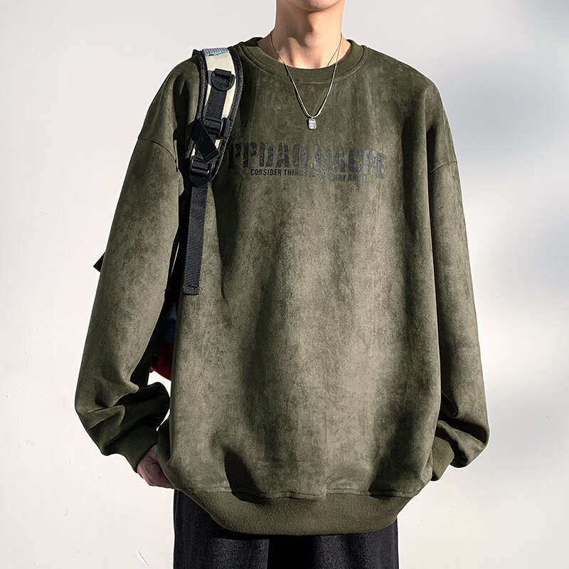Heavy Duty Suede Sweatshirt For Men, Autumn Trendy Brand, American Retro Long Sleeved T-Shirt, Loose Oversized Top For Teenagers