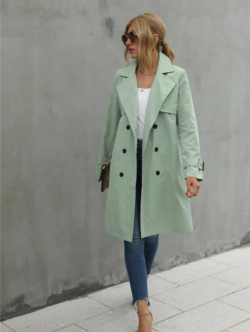 Fashion Women Trench Casual Solid Color Coat Adult Elagant Fashion Long Sleeve Lapel Neck Double Breasted Belted Coat For FemaleX240921