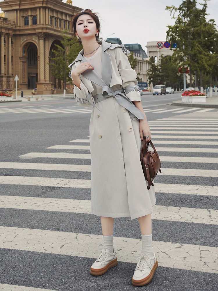 Hit Colors Long Trench Coat Women Spring Autumn New Long sleeve Double breasted Sashes Windbreaker Overcoat Women ClothesX240921