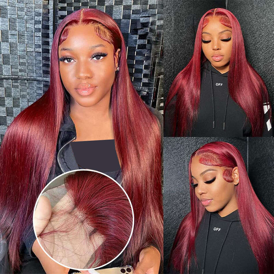 250 Density 99J Bury 13x6 Frontal Brazilian Colored 30 40 Inch Straight Red Lace Front Wigs Human Hair