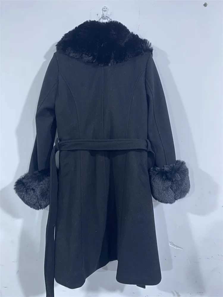 LOLIBOOK Womens Winter Warm Cotton Coat with Large Fur Collar A-line Ultra Thin Wool Coat French Fashion Hepburn Thick Artificial Fur Coat W240921