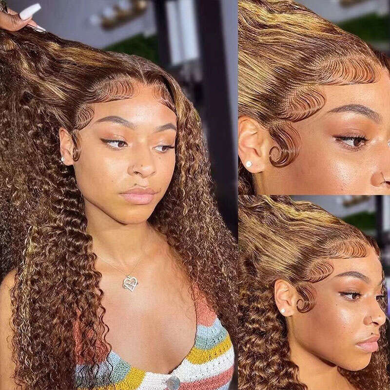 Water Wave Highlight Front Human Hair Wig Highlighted Curly Frontal Wigs For Women Brazilian Lace Closure Pre Plucked