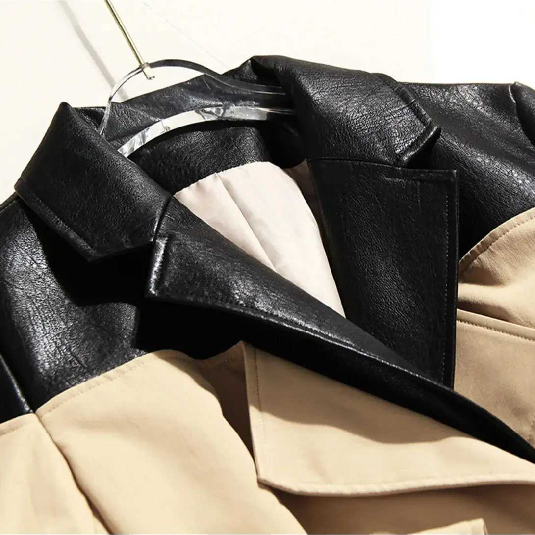 Patchwork Long Coat PU Neckline Womens Long Jacket Autumn Khaki Coats With Belt For Women New Fashion High Quality OutfitX240921