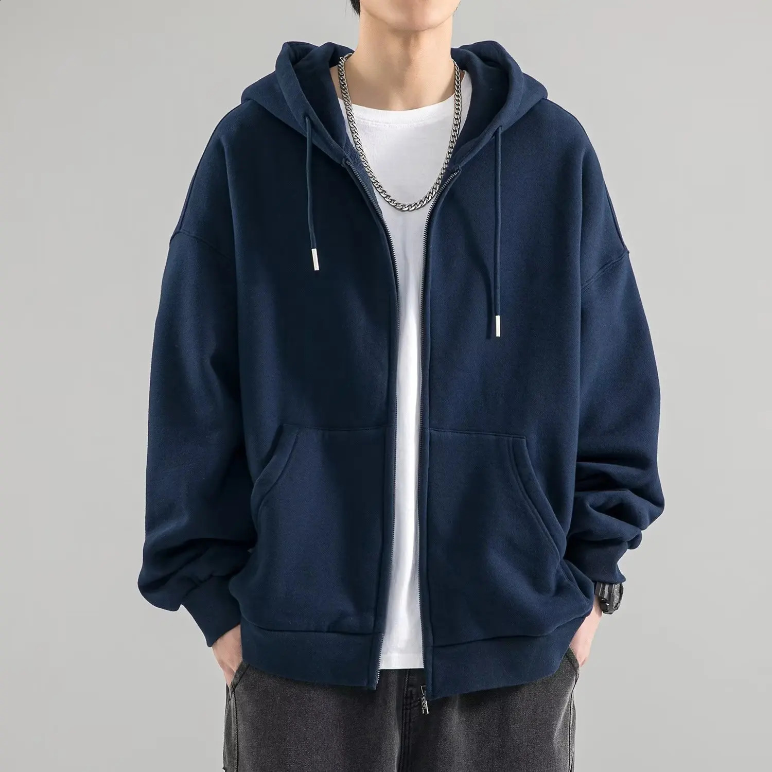 Mens Fashion Solid Color Zipper Hoodie Spring and Autumn Jacket Couple Hip Hop Sweater Street Clothing 240911