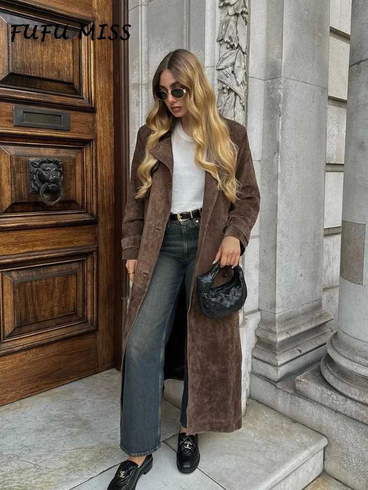 Vintage Khaki Suede Long Coat For Women Belt Lapel Long Sleeve Double-breasted Overcoat 2024 Autumn Lady High Street OutwearsX240921
