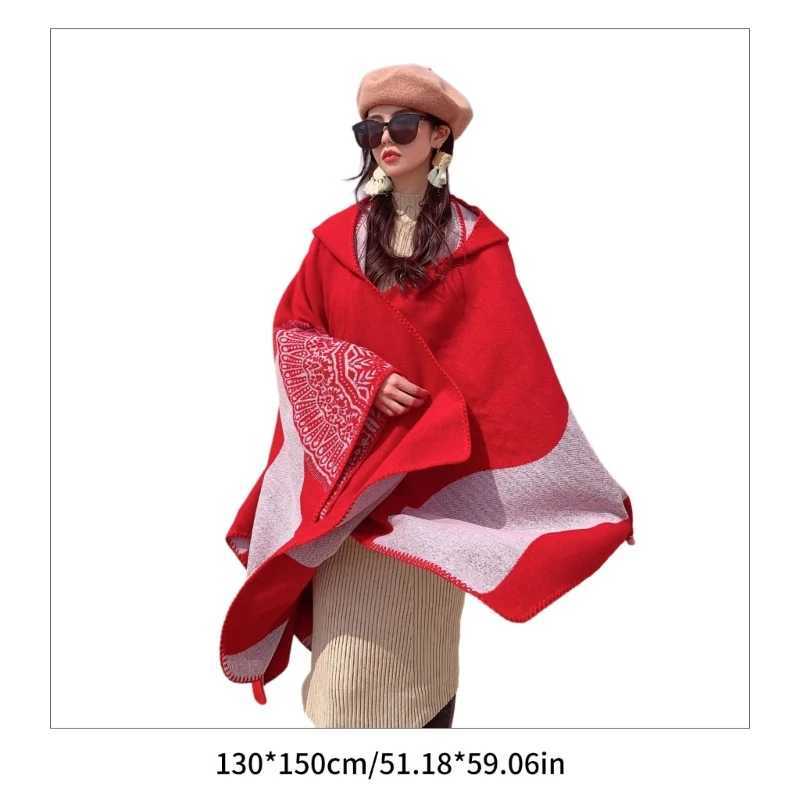 Winter Knitted Large Shawl Bohemian Geometric Printed Raincoat with Hoodie Suitable for Women W240921