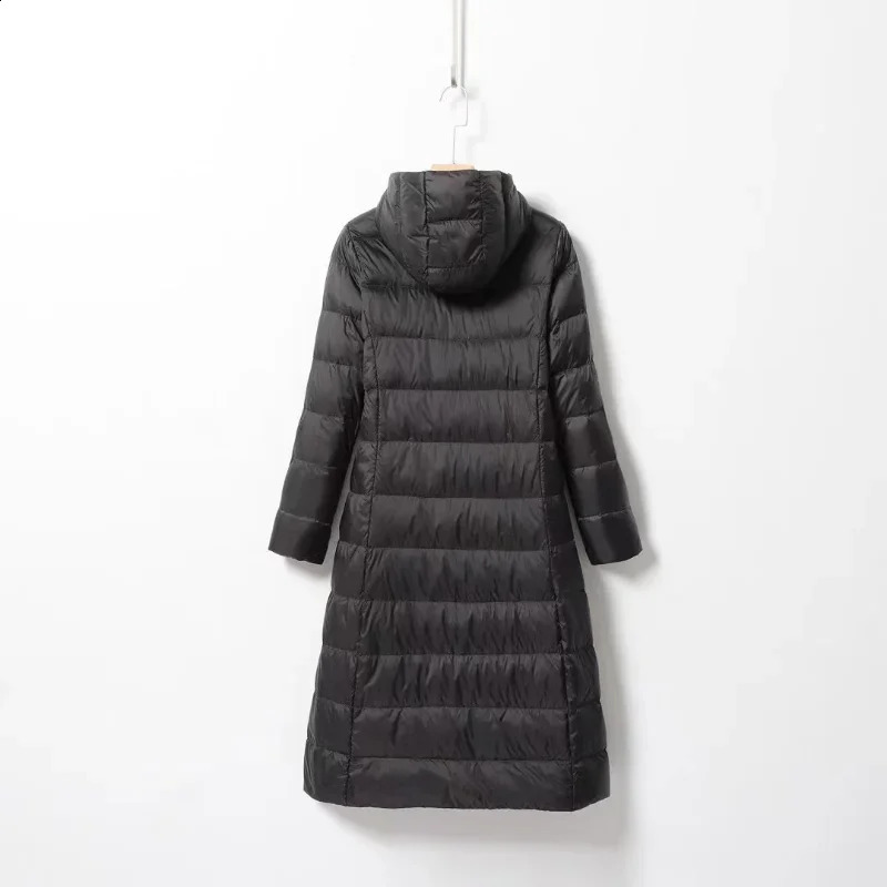 Womens Long Down Jacket Style Ultra Light Knee Fashion Slim Fit Hooded Casual Inflatable 240918