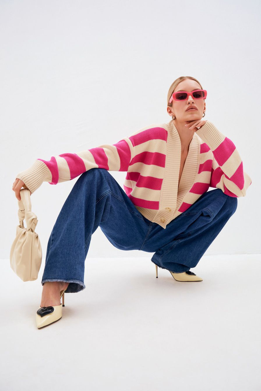 2024 autumn and winter new sweater women's clothing contrasting color loose and sexy knitted cardigan jacket casual top