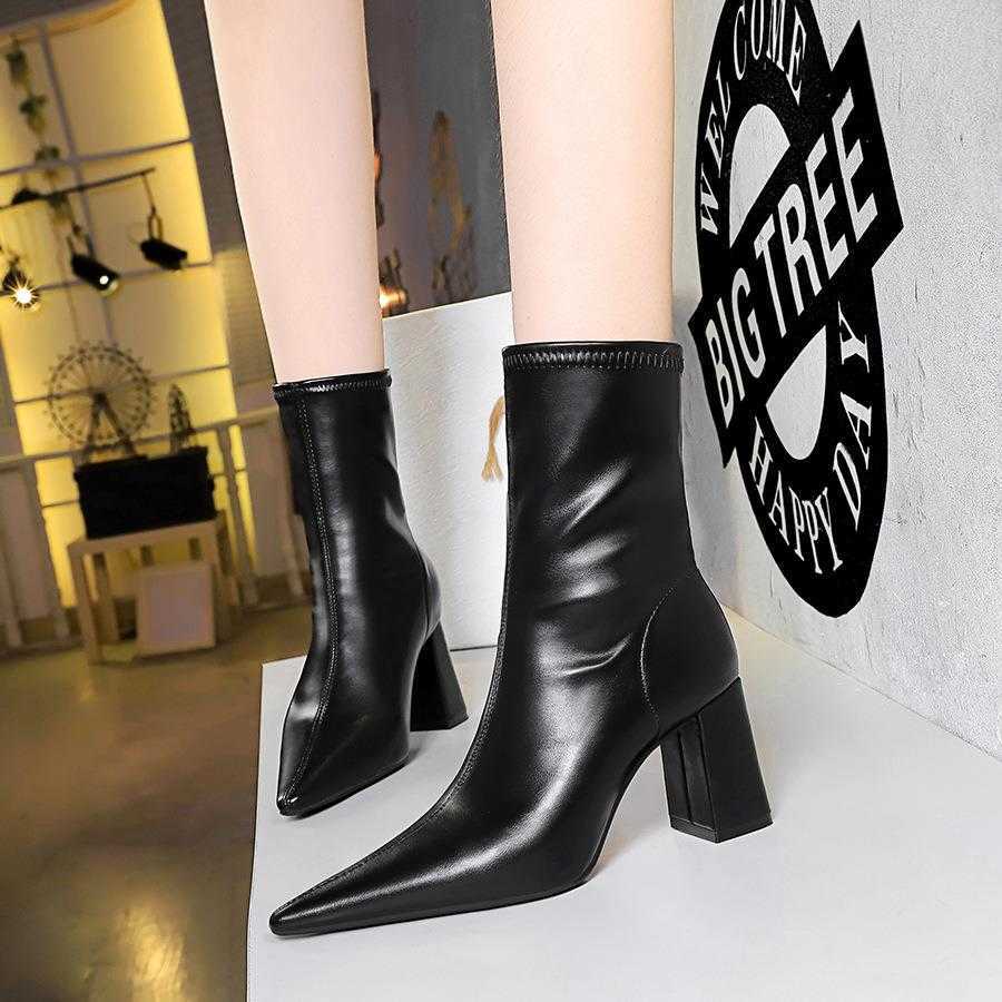 CMM Fashion Simple Sexy Nightclub Slim Thick Heel High Heel Pointed Winter Slim Boots Womens Short Boots