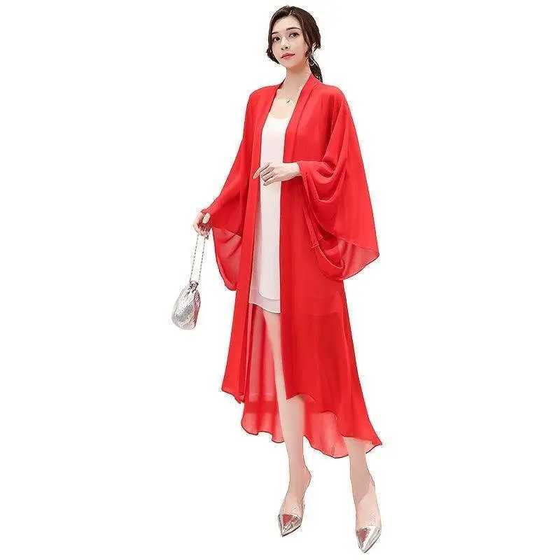2024 womens summer long sleeved cardigan wool sweater beach long sleeved Korean fashion black chiffon jacket long cardigan coat A219 W240921