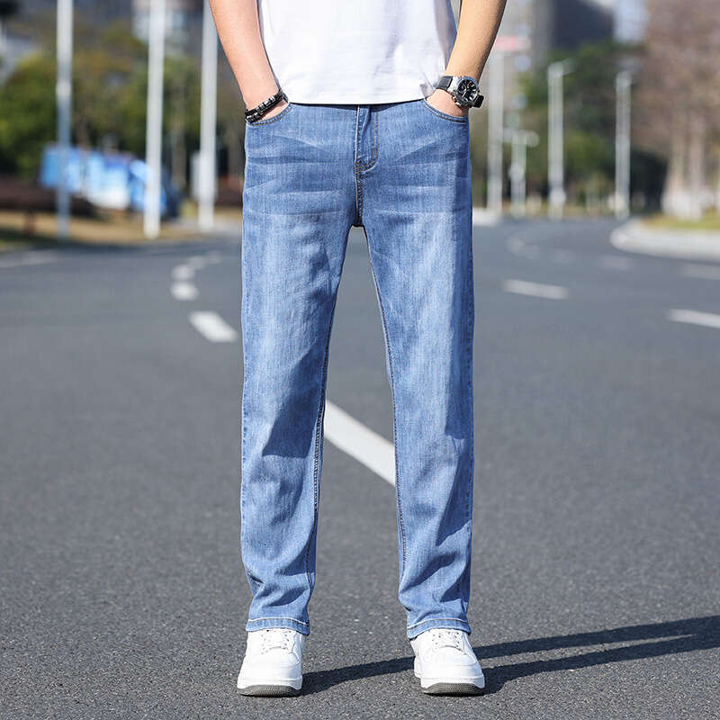 2024 Summer Jeans Men's Thin Loose Straight Pants Elastic Business Casual Versatile Long Pants Spring and Autumn Edition