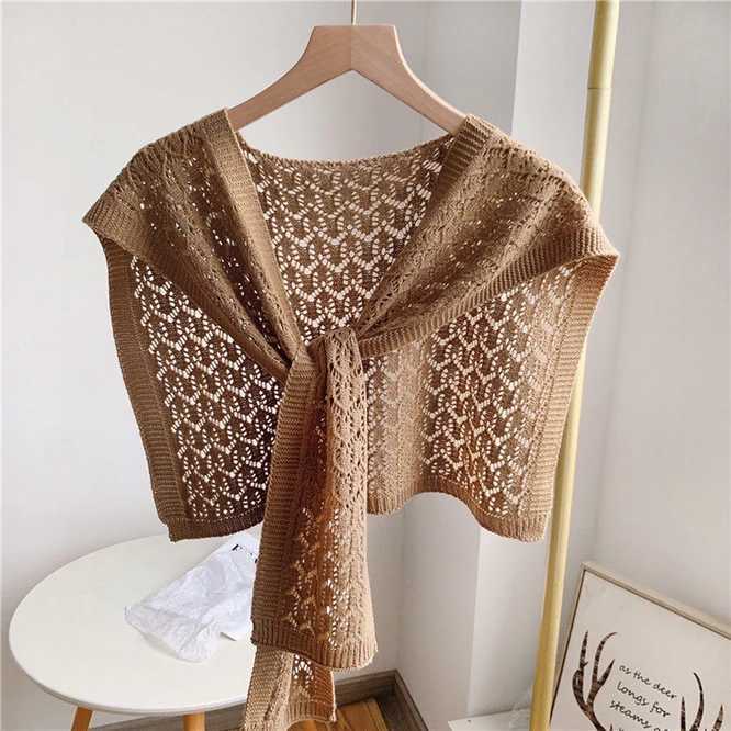 Fashion Korean Knot Knitted Shawl Womens Hollow Coat Shawl Spring Autumn Shoulder Net Red Shawl Blue W240921
